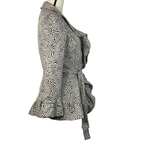 Sandro Studio Small Jacket Snaps Abstract Belted Long Sleeve Lined Ruffled - Picture 2 of 7